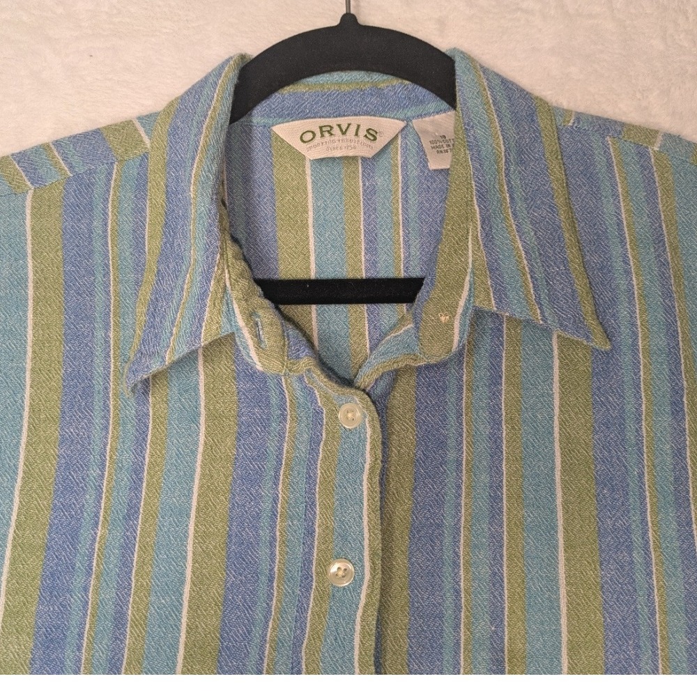 Orvis 100% Cotton Striped Short Sleeve Shirt Size 18 Blue Green‎